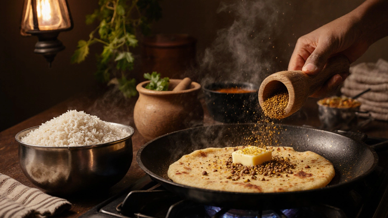 A kitchen scene showing fermented batter, spices, and a sizzling paratha.