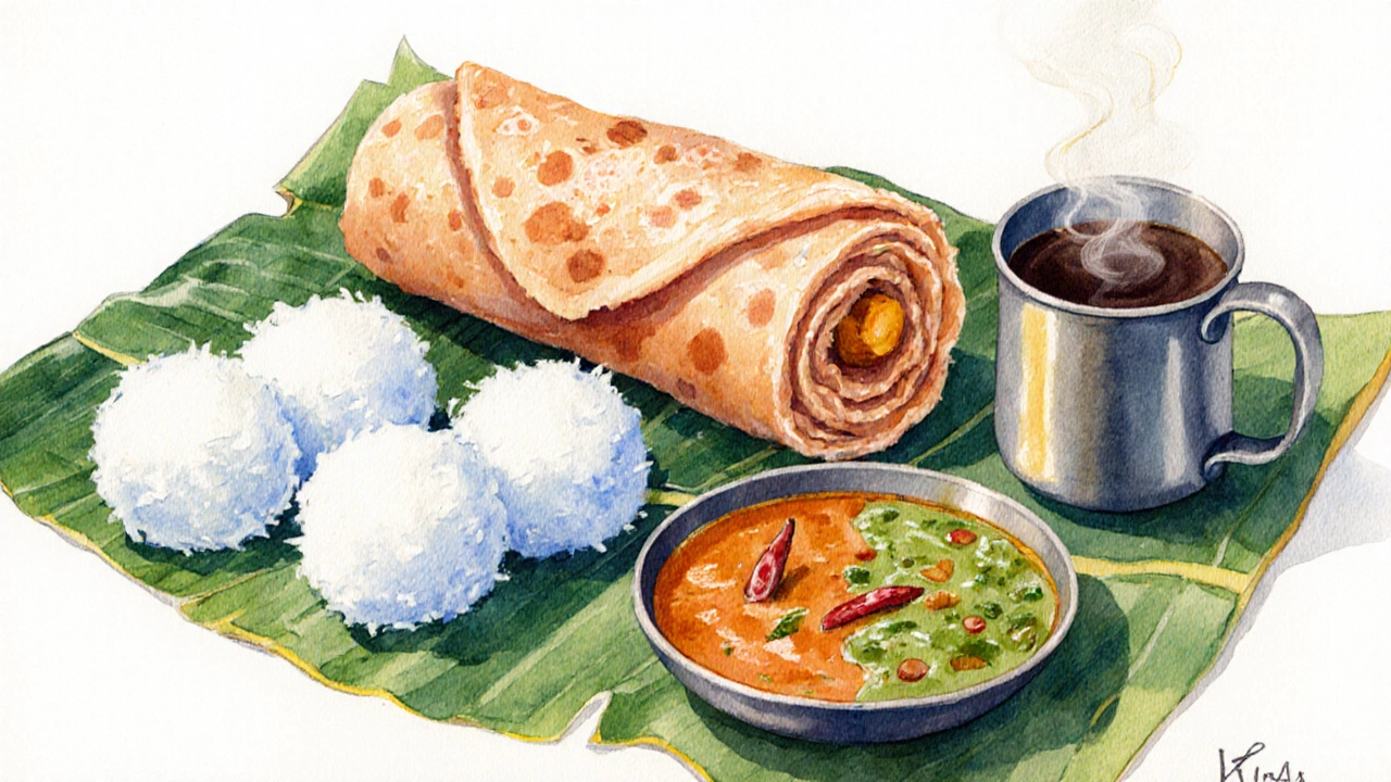 A watercolor spread of masala dosa, idli, sambar, chutney, and filter coffee.