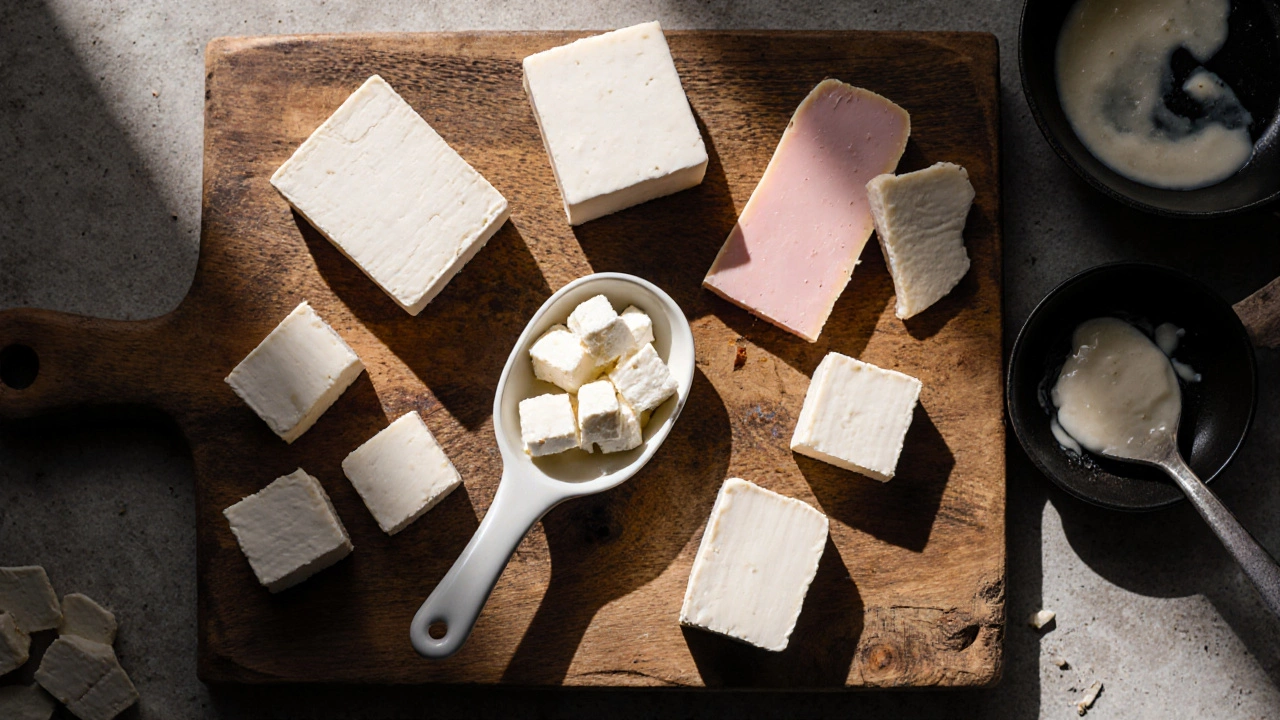 Assortment of white cheeses on a wooden board showing different textures and moisture levels.