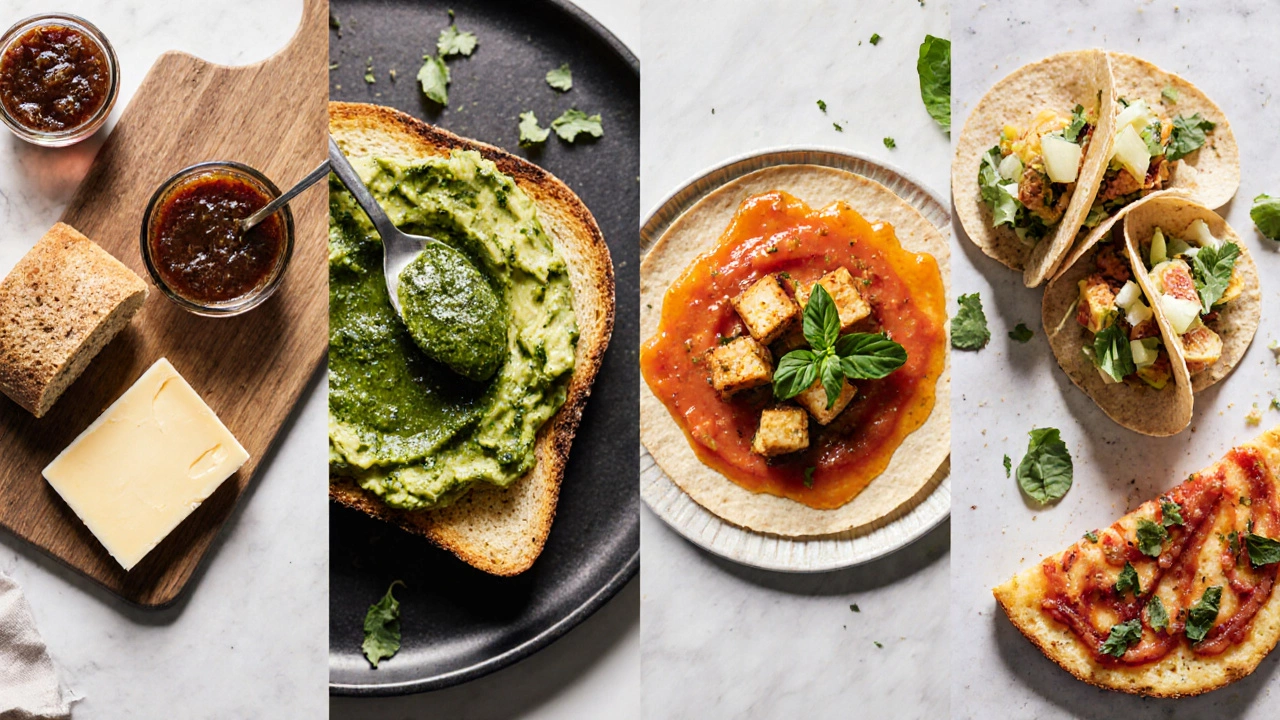 Cheese board, avocado toast, tacos, and pizza each topped with different chutneys.
