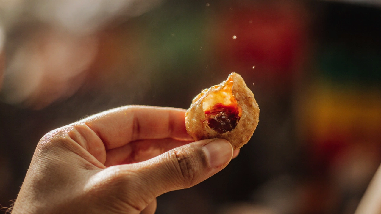 Close-up of a hand pinching a crisp samosa, oil glistening on fingertips.