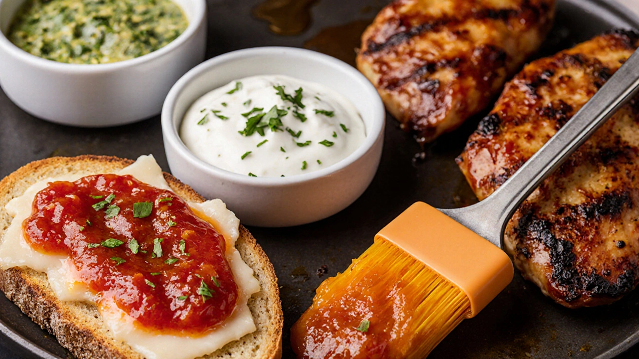 Close‑up of baguette with tomato chutney, herb‑yogurt dip, and mango relish BBQ glaze.