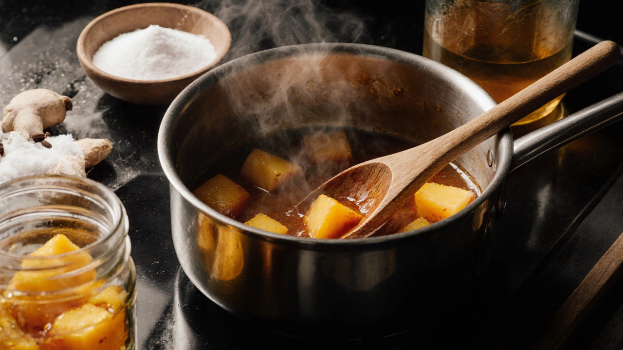 Close-up of mango chutney simmering in a saucepan with spices, steam and a jar ready for storage.