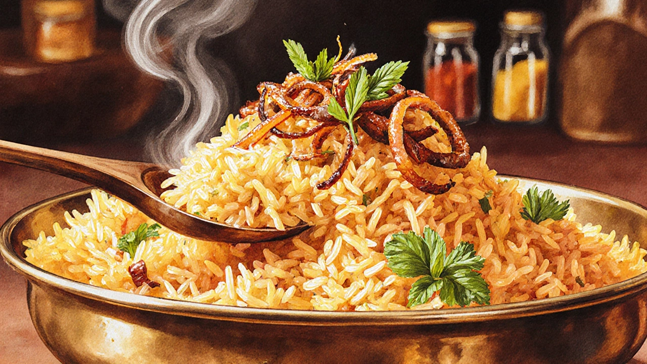 Close-up of plated biryani with golden rice, fried onions, herbs and rising steam.