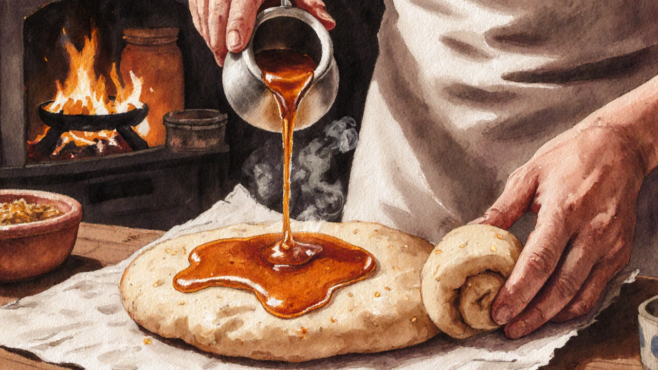 Cook pouring jaggery syrup over puran poli in a traditional kitchen.
