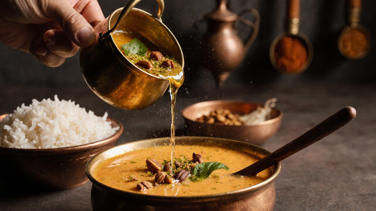 Creamy toor dal served with rice, hot tempering oil pouring over it, sizzling spices visible.