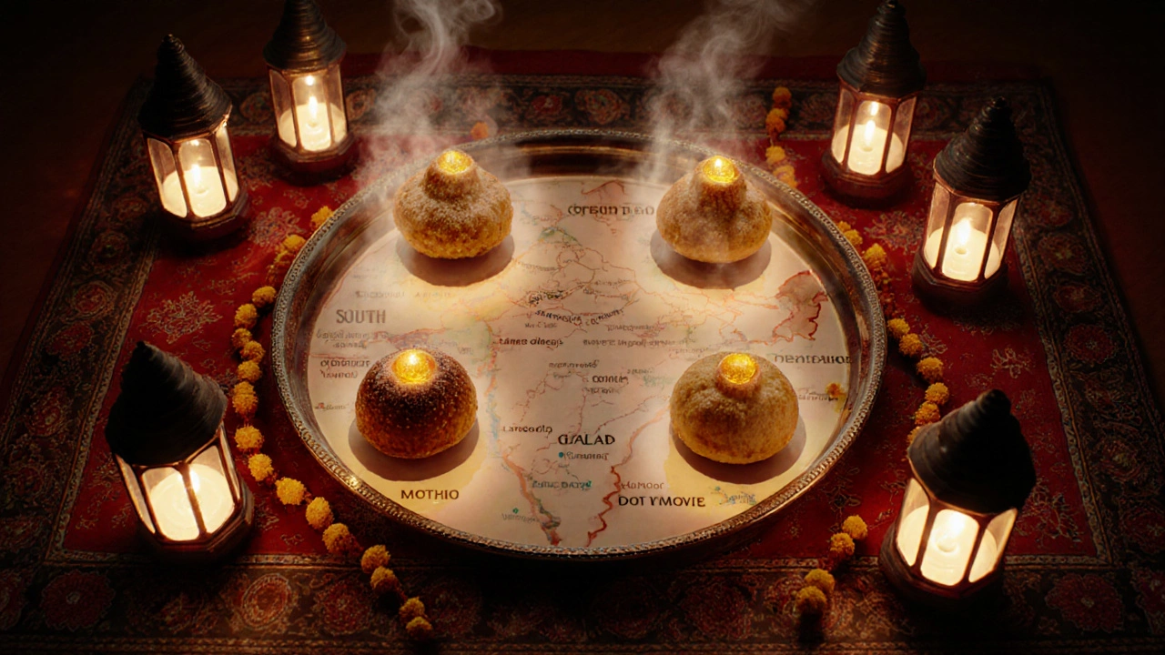 Festive thali showing regional Indian sweets placed over a map outline.