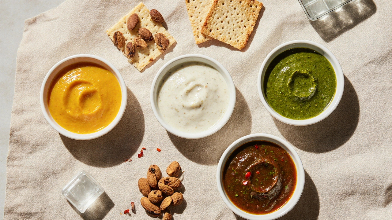Five bowls of different chutney types with tiny crackers, rice cakes, nuts, bread, and ice‑cube trays.