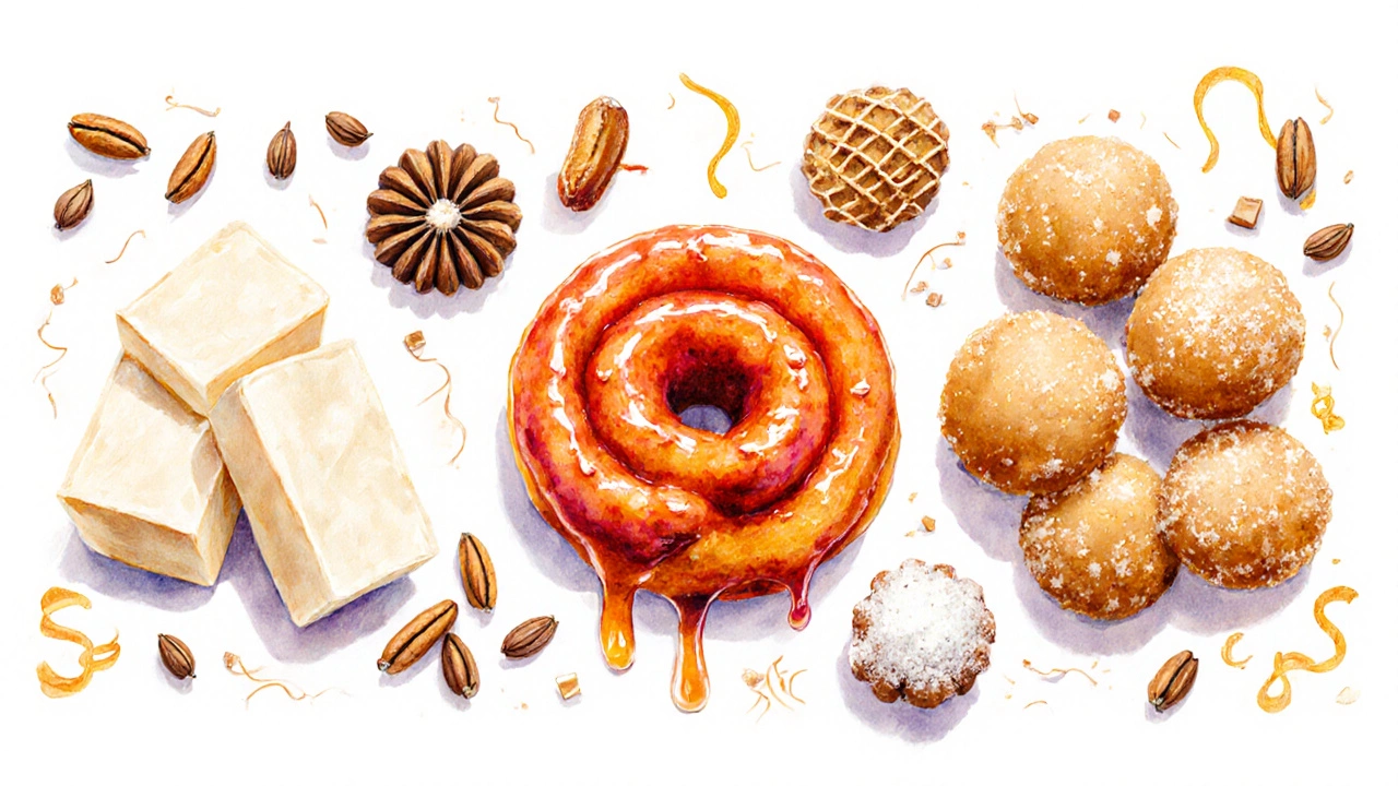 Flat‑lay grouping milk, flour, and sugar based Indian sweets with spices and nuts.