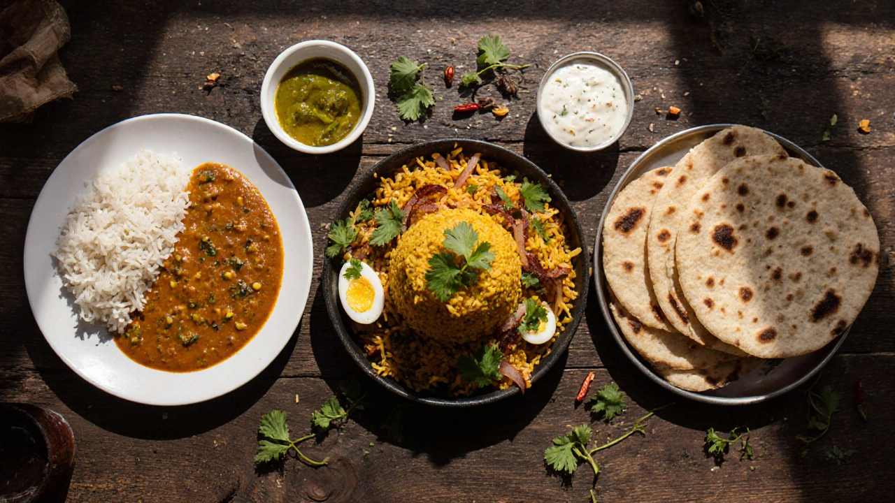 Flat‑lay of dal bhat, biryani, and roti on a rustic wooden table.