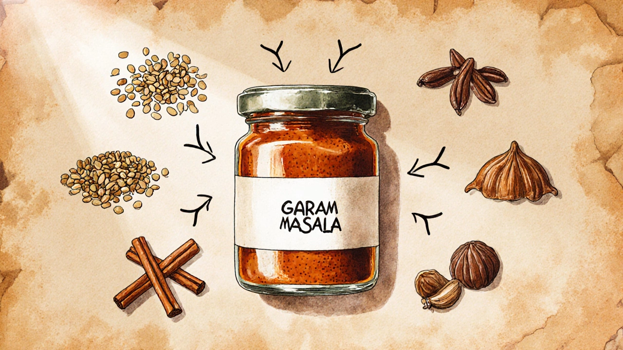 Flat‑lay of garam masala jar surrounded by its component spices.
