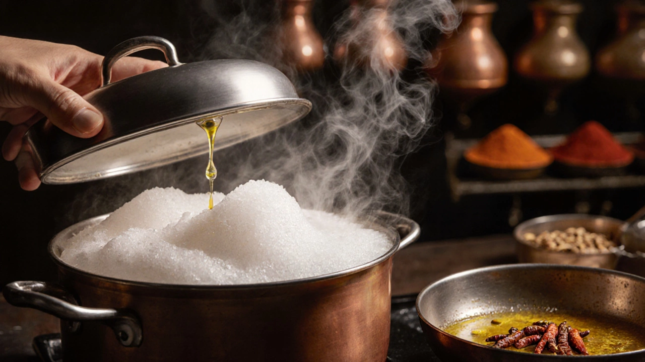 Foam rising in a dal pot as the lid is lifted, with spices ready to be tempered in a separate pan.