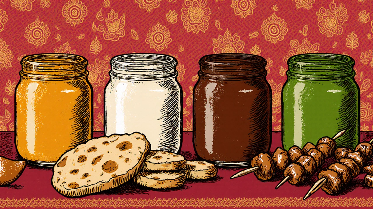 Four chutney jars with mango, coconut, tamarind, cilantro, each paired with naan, dosa, samosa, kebab.