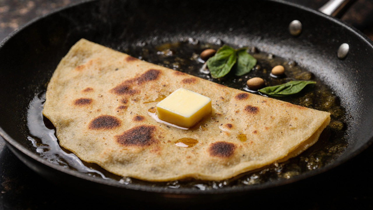 Golden crisp dosa sizzling on a hot skillet, oil glistening.