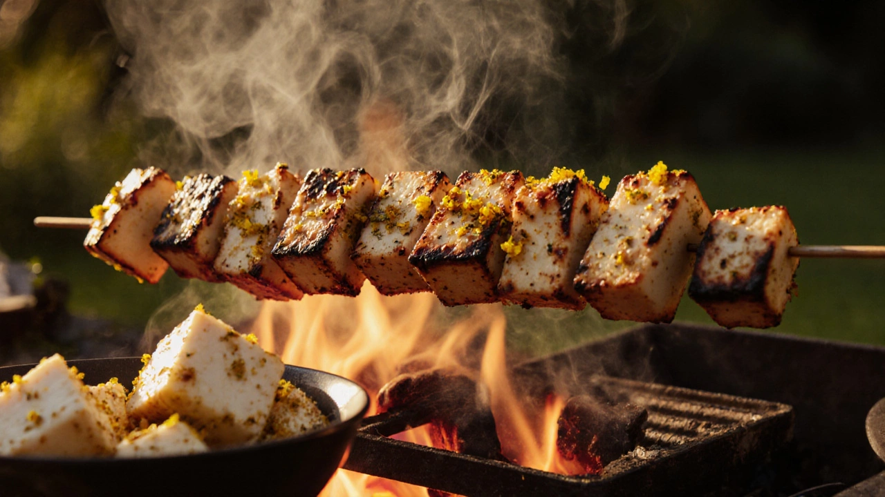 Grilling skewers of paneer and halloumi with marinated tofu cubes beside them.