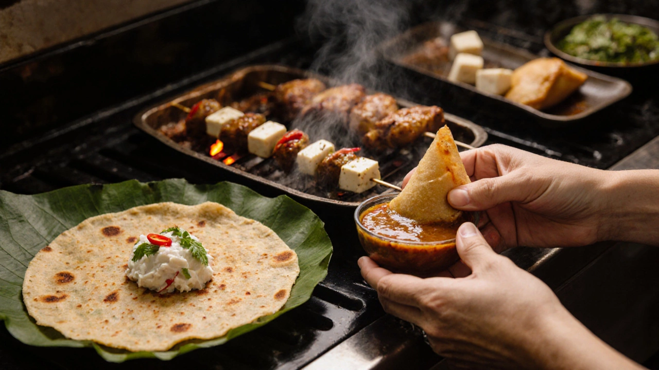 Hand dipping a samosa into tamarind chutney beside dosa and grilled chicken.