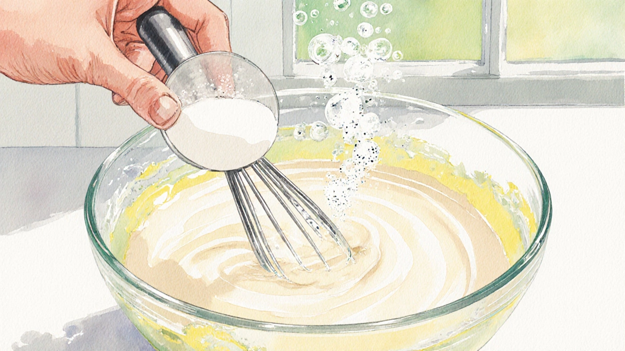 Hand mixing yogurt, baking soda, and batter, foam rising in a glass bowl.