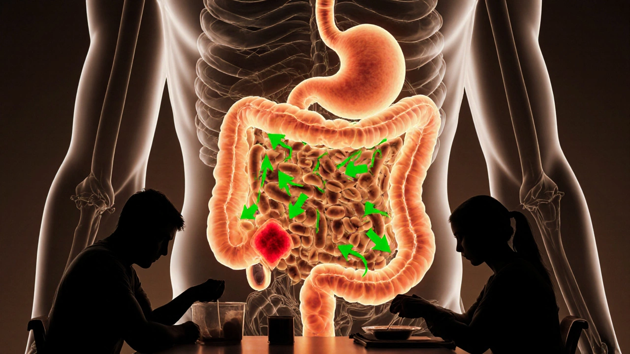 Human digestive system with glowing nutrients flowing from soaked pulses versus blocked absorption from unsoaked ones.