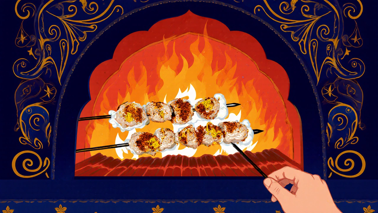 Illustrated tandoor oven with yogurt‑marinated chicken skewers glowing in orange fire.