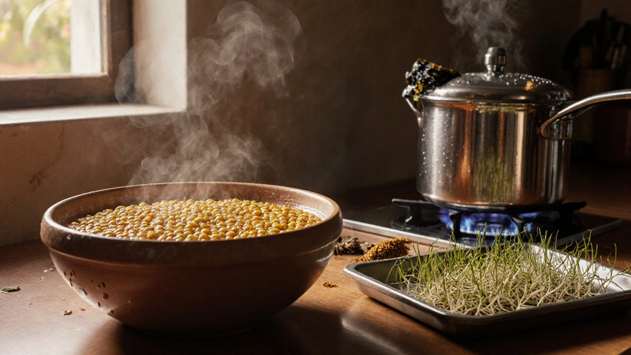 Indian kitchen showing soaked dal, sprouting tray, pressure cooker with kombu and hing.