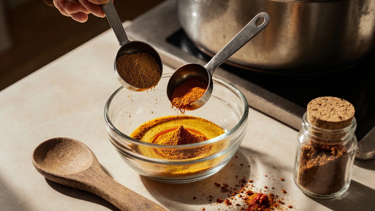 Kitchen counter with measuring spoons mixing cumin, coriander, turmeric, chili and fenugreek.