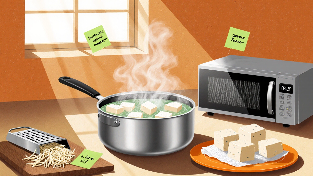 Kitchen scene with paneer soaking in whey, microwaving with damp towel, and grated on a plate.