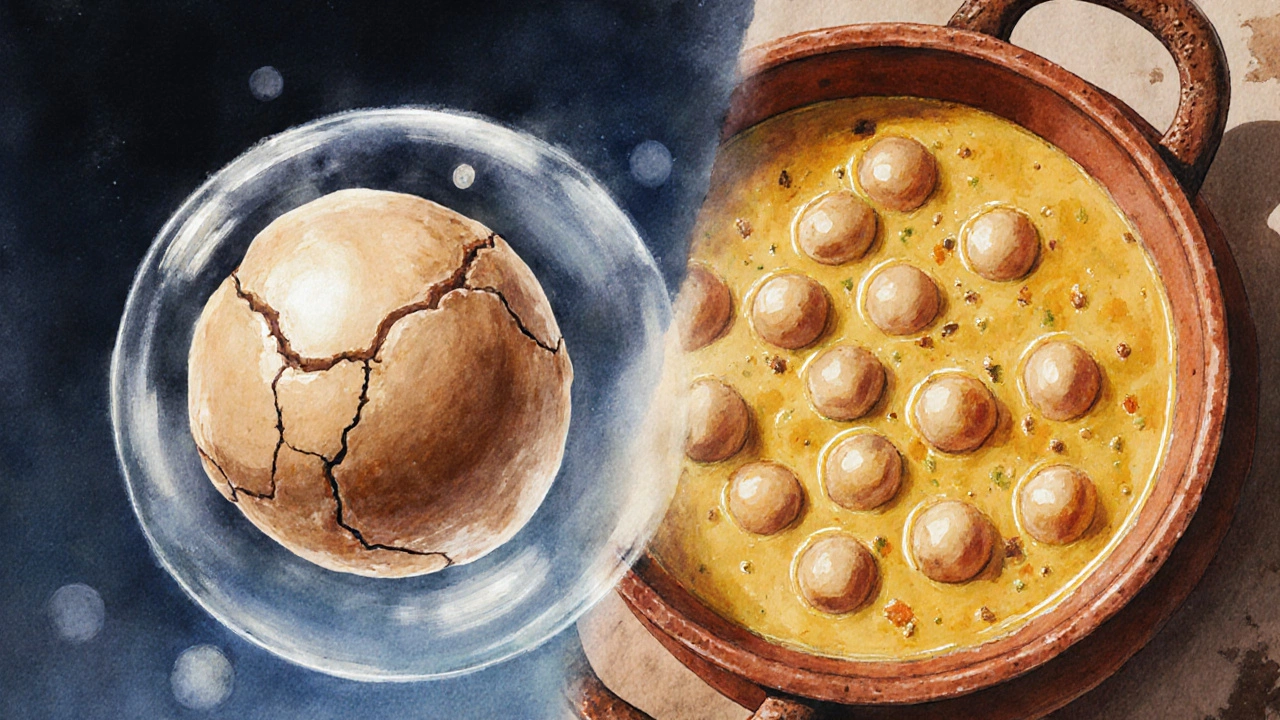 Magnified view of a split chickpea showing the contrast between hard core and soft, hydrated interior.