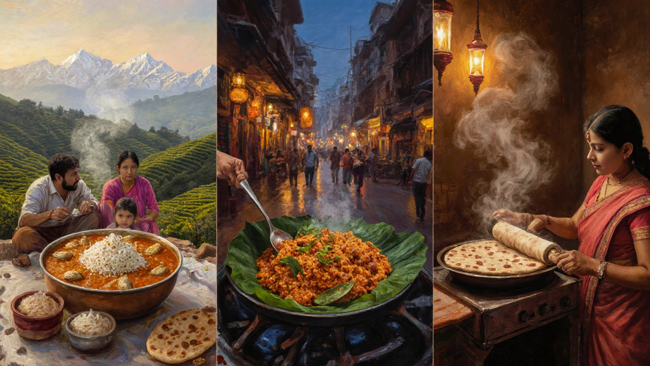 Oil‑painted scene of dal bhat in the hills, biryani in Hyderabad, and roti in a Punjabi kitchen.