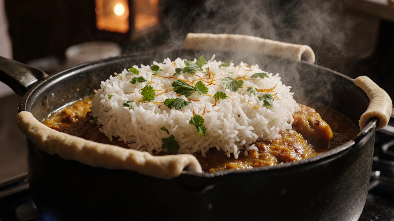 Overhead view of a sealed pot showing layered meat, rice, herbs and saffron steam during dum cooking.