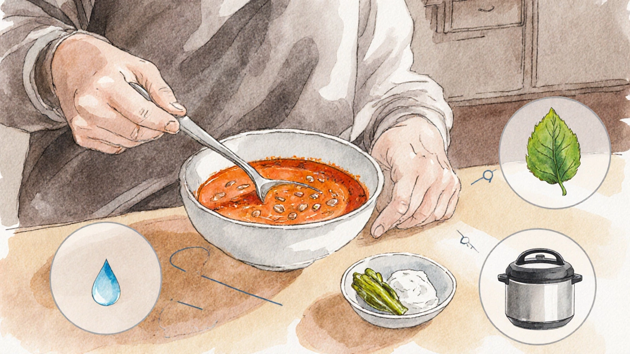 Person enjoying red lentil soup with yogurt, surrounded by soft kitchen ambience.