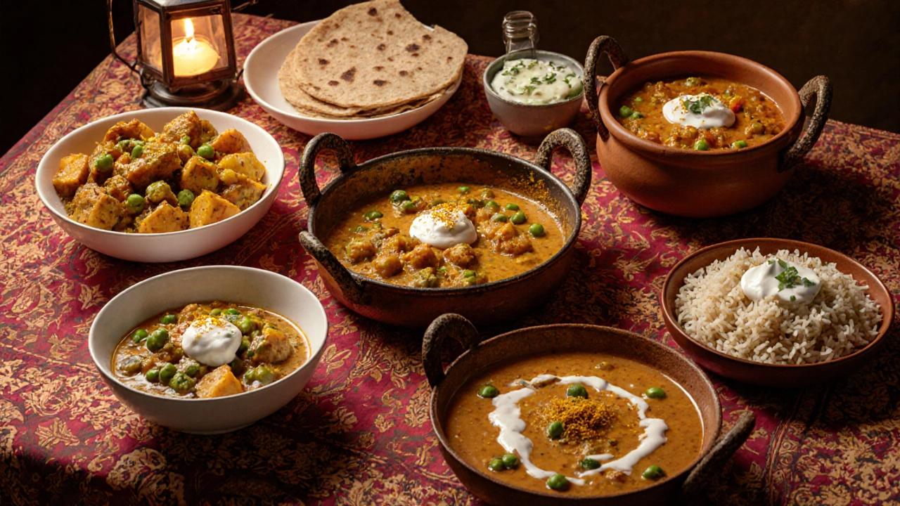 Photorealistic table of six mild Indian dishes with rotis, rice, and raita.