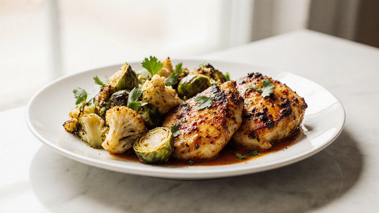 Plated tandoori chicken with roasted cauliflower and Brussels sprouts, shown as a healthy portion.