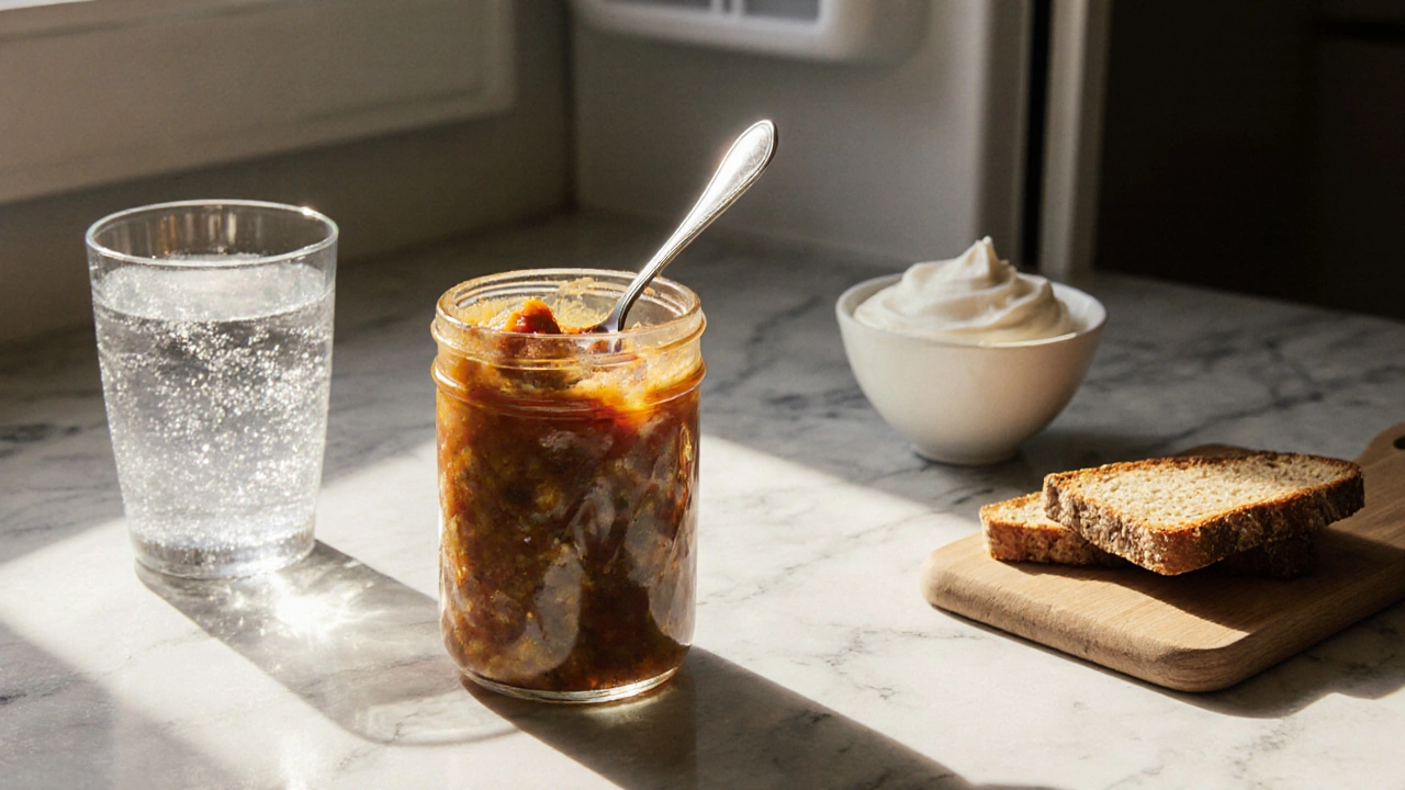 Refrigerated jar of peanut chutney beside yogurt and toasted bread on a marble countertop.