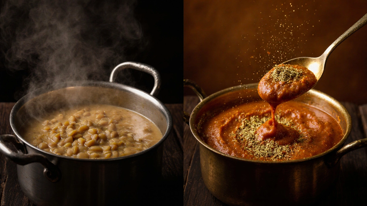 Side-by-side comparison of covered and uncovered dal cooking, showing creamy vs. thickened textures with tempering pouring in.