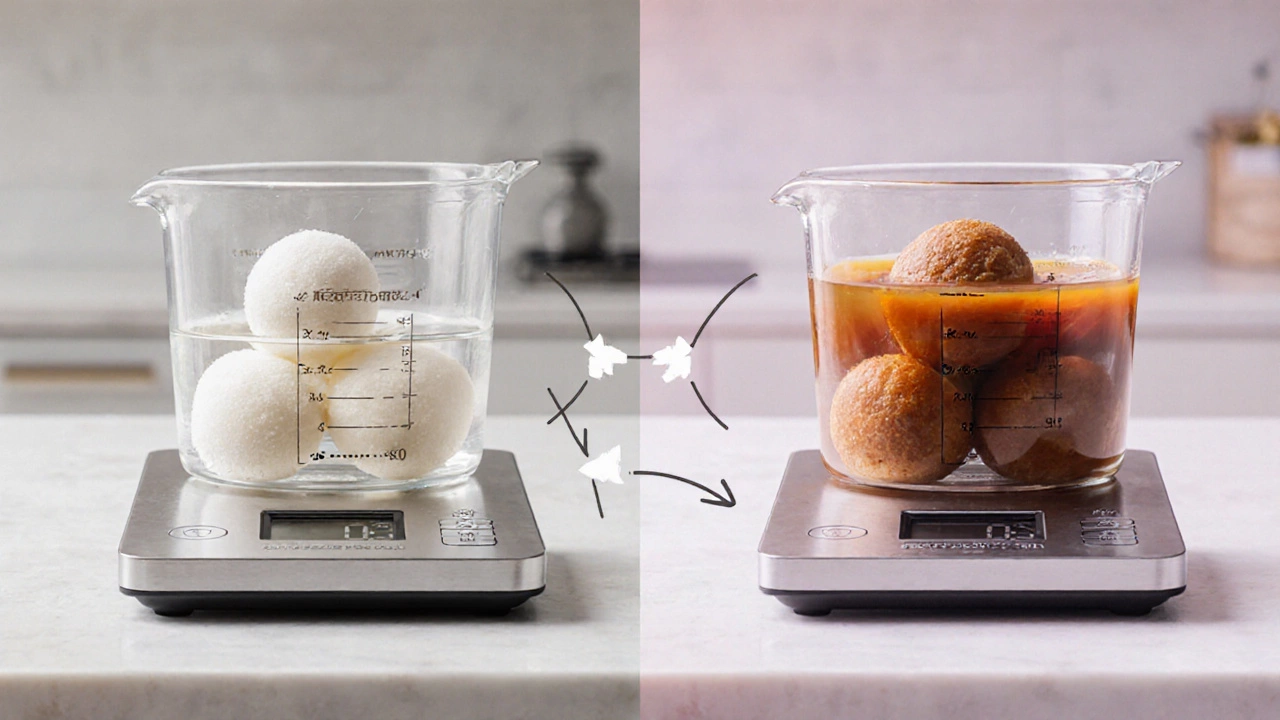 Side‑by‑side comparison of rasgulla made with white sugar and jaggerry.