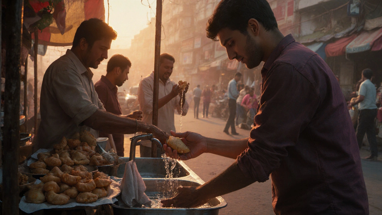 Tourist washing hands at a street food stall and thanking the vendor with a smile.