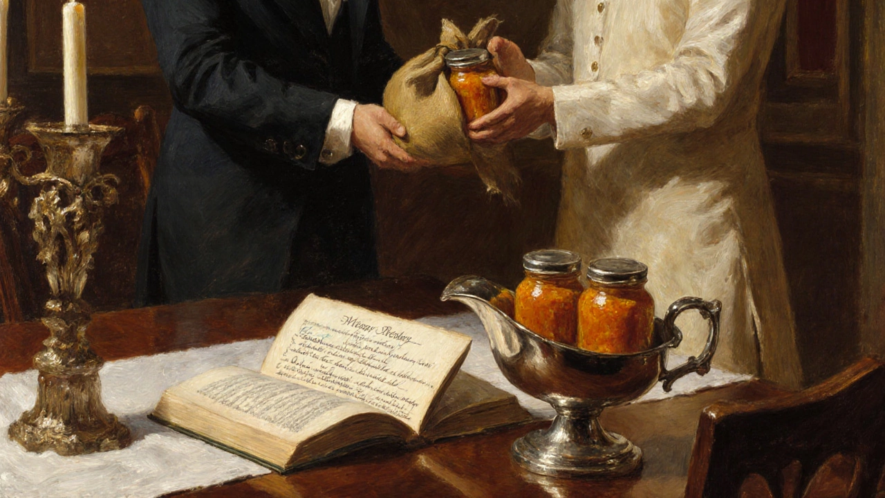 Victorian dining scene with mango chutney jars, a cookbook, and British and Indian figures.