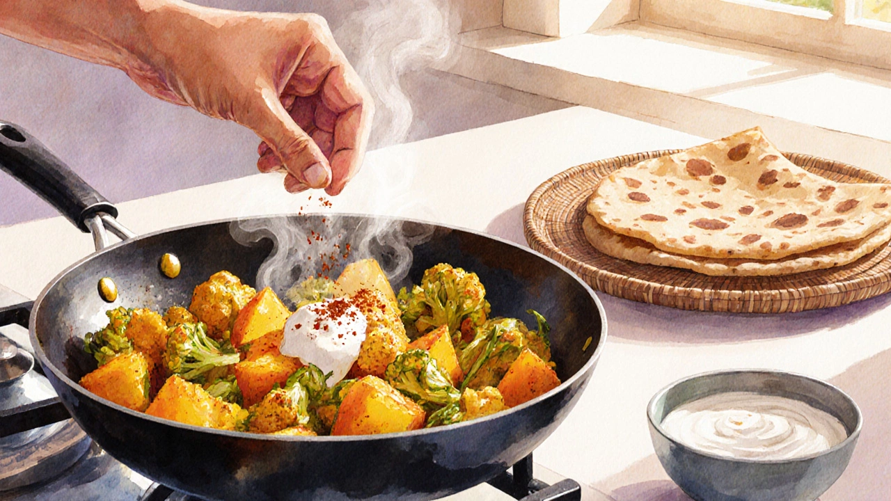 Watercolor of Aloo Gobi being cooked, paprika sprinkled, with roti nearby.