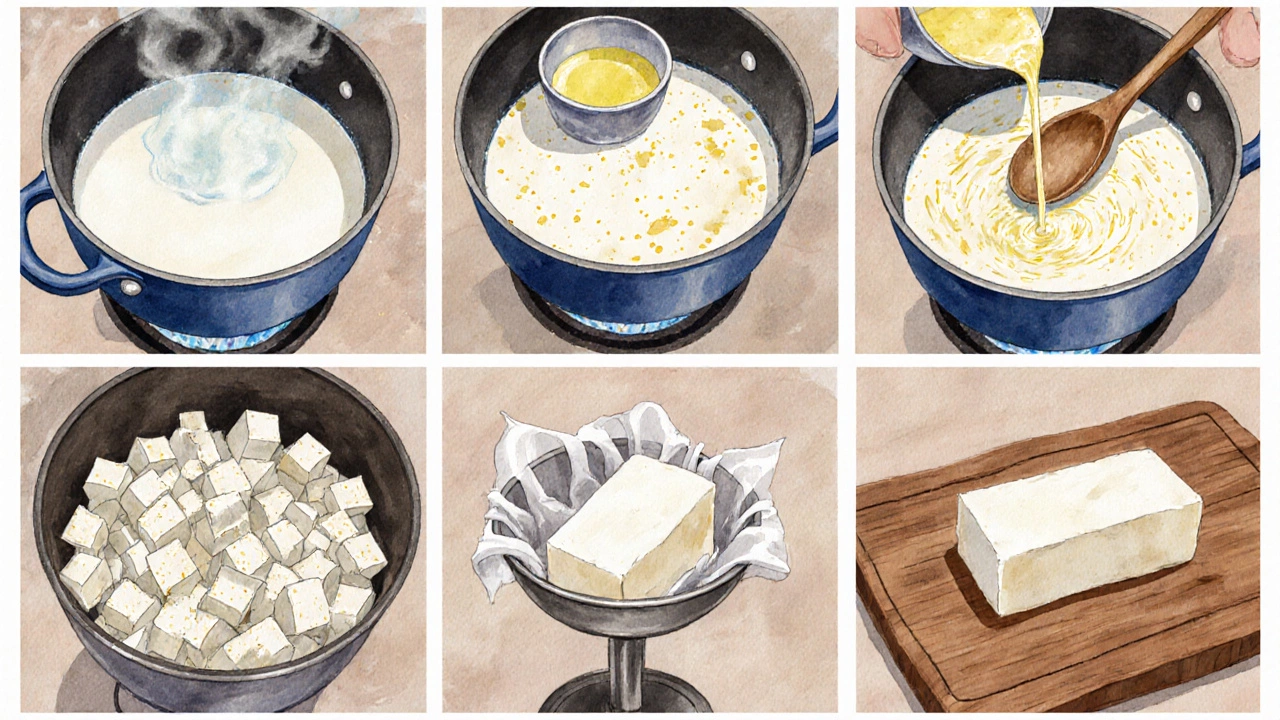 Watercolor steps of homemade paneer: heating milk, adding lemon, cutting curds, gentle pressing.
