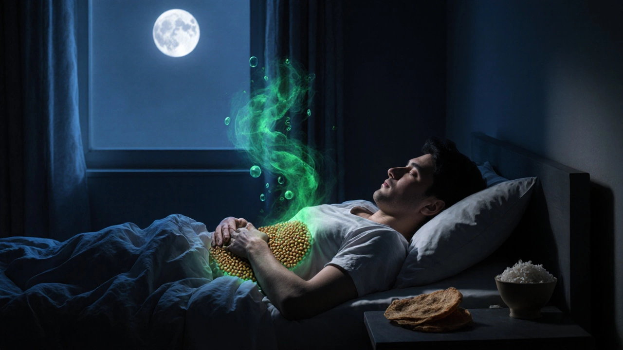 A person in bed at night, visibly bloated, with ghostly gas bubbles rising from their stomach.