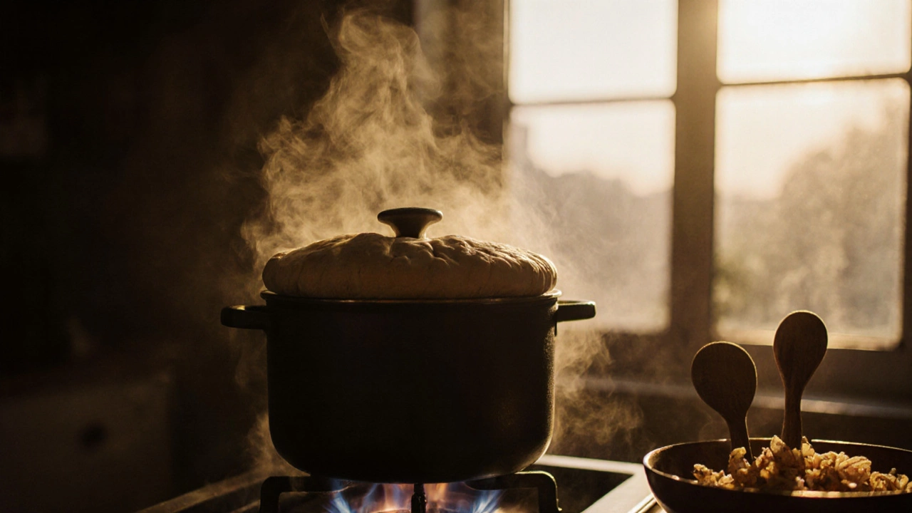 A sealed biryani pot steaming gently on a low flame at dusk, with fried onions nearby.