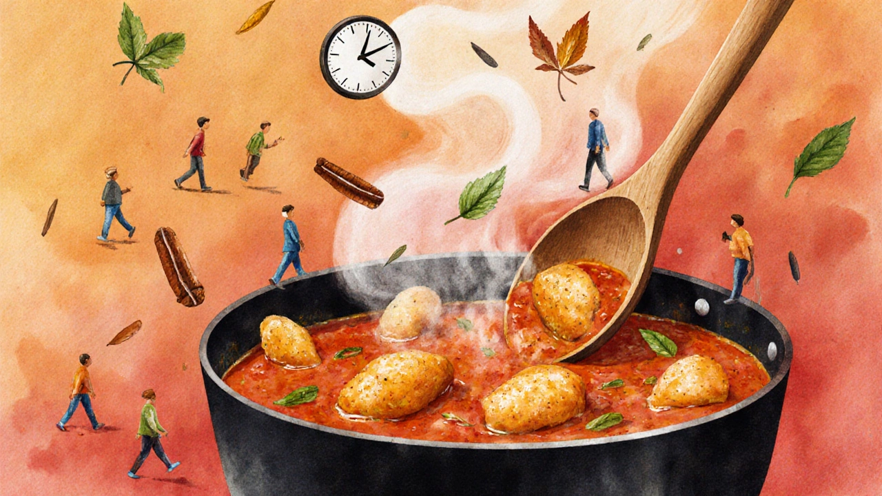 A wooden spoon stirring curry as time transforms into steam and spices in a soft watercolor dreamlike scene.