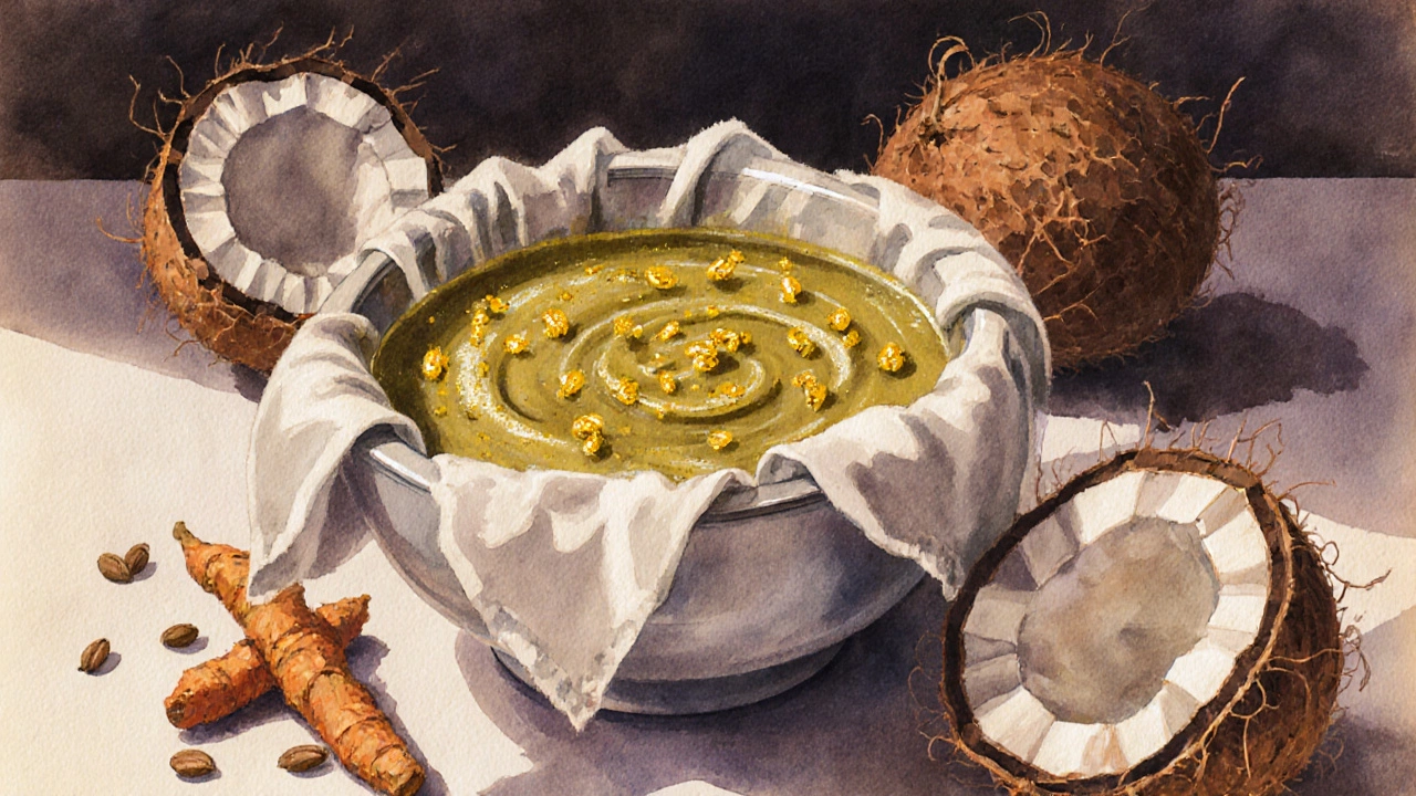 Fermenting coconut chutney with subtle microbial swirls and spices around it.