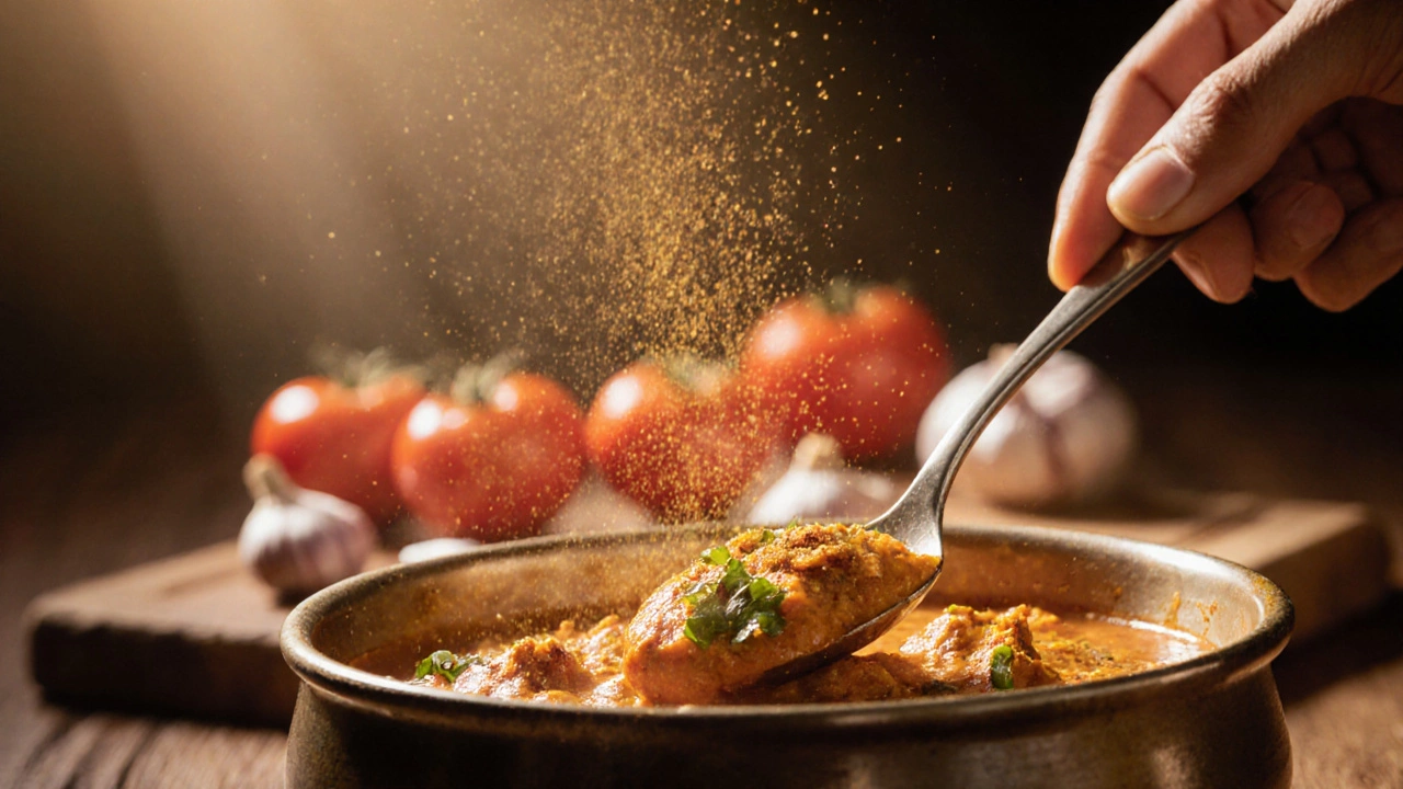 Hand holding spoon in tikka masala, golden spice particles floating in light, fresh vegetables in background.
