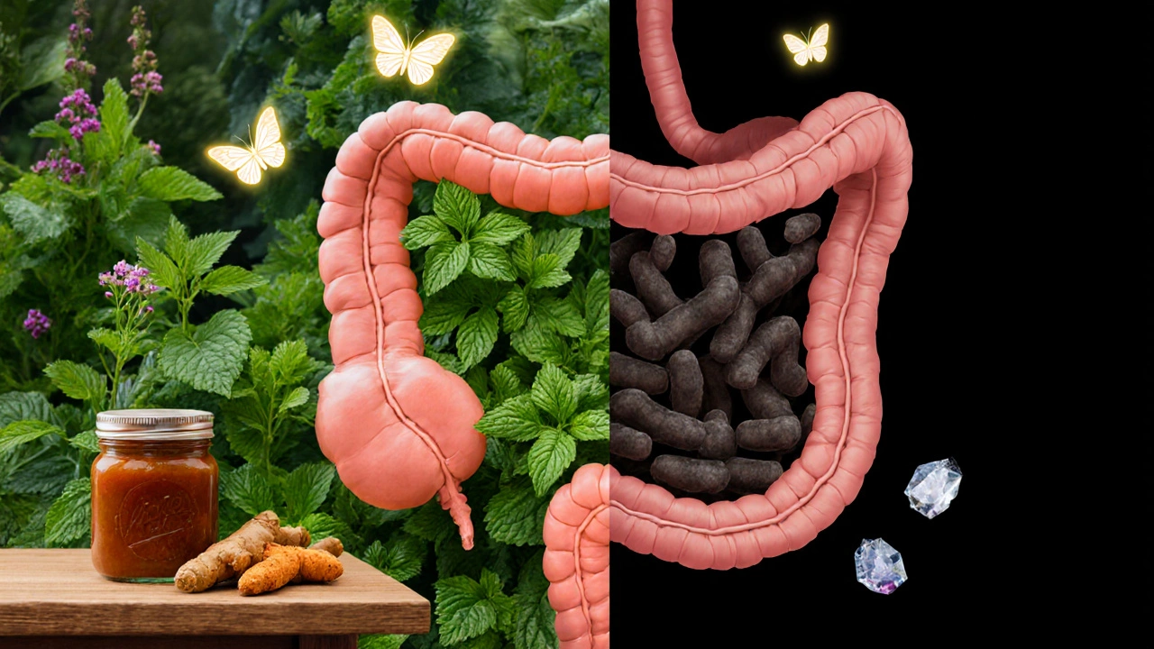 Healthy gut as a garden of herbs and probiotic butterflies beside homemade chutney.