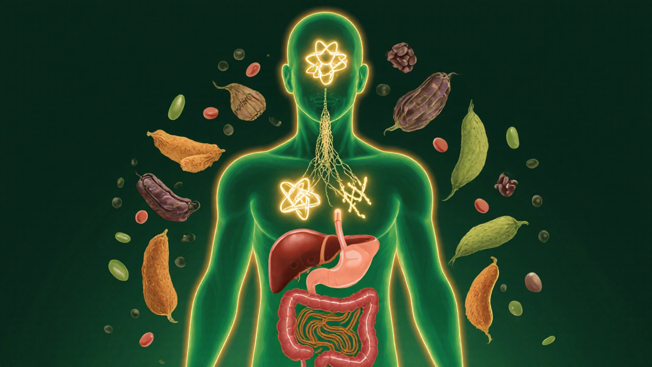 Human silhouette filled with nutrients, surrounded by floating lentils.