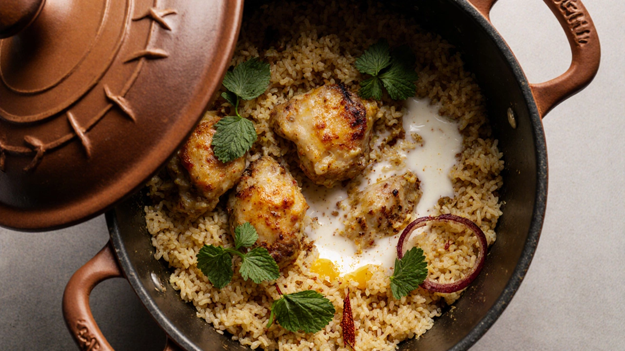 Layered biryani in a pot with rice, meat, saffron milk, and fried onions, ready for sealing.