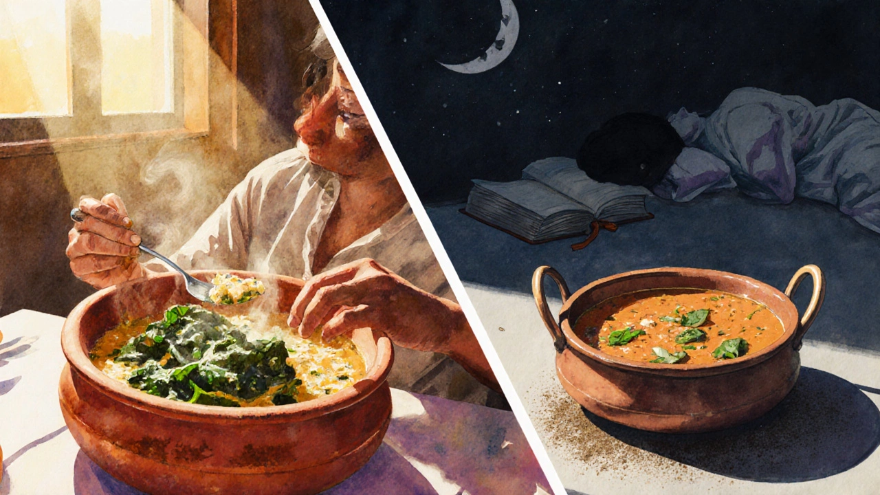 Split scene: healthy lunchtime dal with spinach versus abandoned dal at midnight.