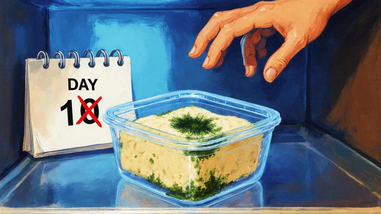 Spoiled paneer with mold and slime in a fridge container, hand hesitating to touch it.