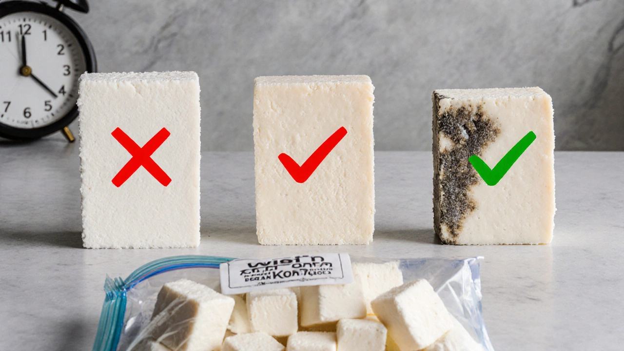 Three paneer blocks showing freshness stages, with frozen cubes below.